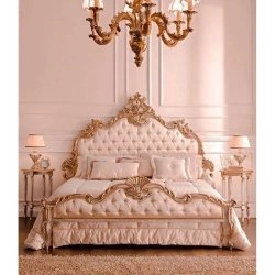 Luxurious Carved Solid Wood Bed with Tufted Headboard and Footboard