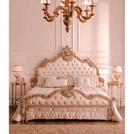 Luxurious Carved Solid Wood Bed with Tufted Headboard and Footboard