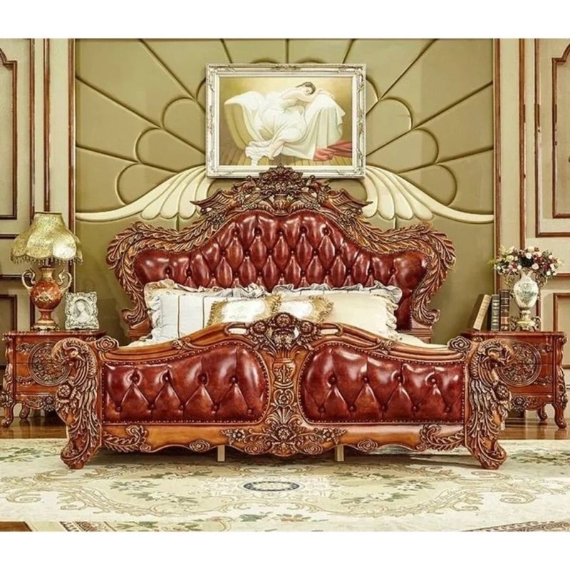Luxury Classic Baroque Carved Wood Leather Tufted Bed Frame Luxury Classic Baroque Carved Wood Leather Tufted Bed Frame