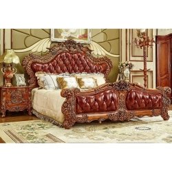 Luxury Classic Baroque Carved Wood Leather Tufted Bed Frame