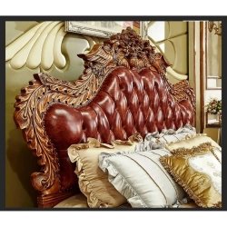 Luxury Classic Baroque Carved Wood Leather Tufted Bed Frame