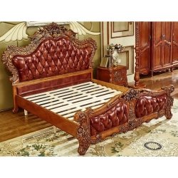 Luxury Classic Baroque Carved Wood Leather Tufted Bed Frame