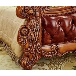 Luxury Classic Baroque Carved Wood Leather Tufted Bed Frame