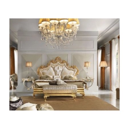 Luxury Gold Carved King Size Bed with Upholstered Headboard and Bench