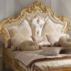 Luxury Gold Carved King Size Bed with Upholstered Headboard and Bench