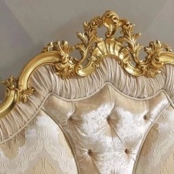 Luxury Gold Carved King Size Bed with Upholstered Headboard and Bench
