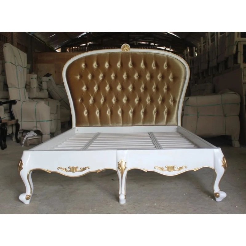 Luxury Classic White and Gold Tufted Wood Bed Frame