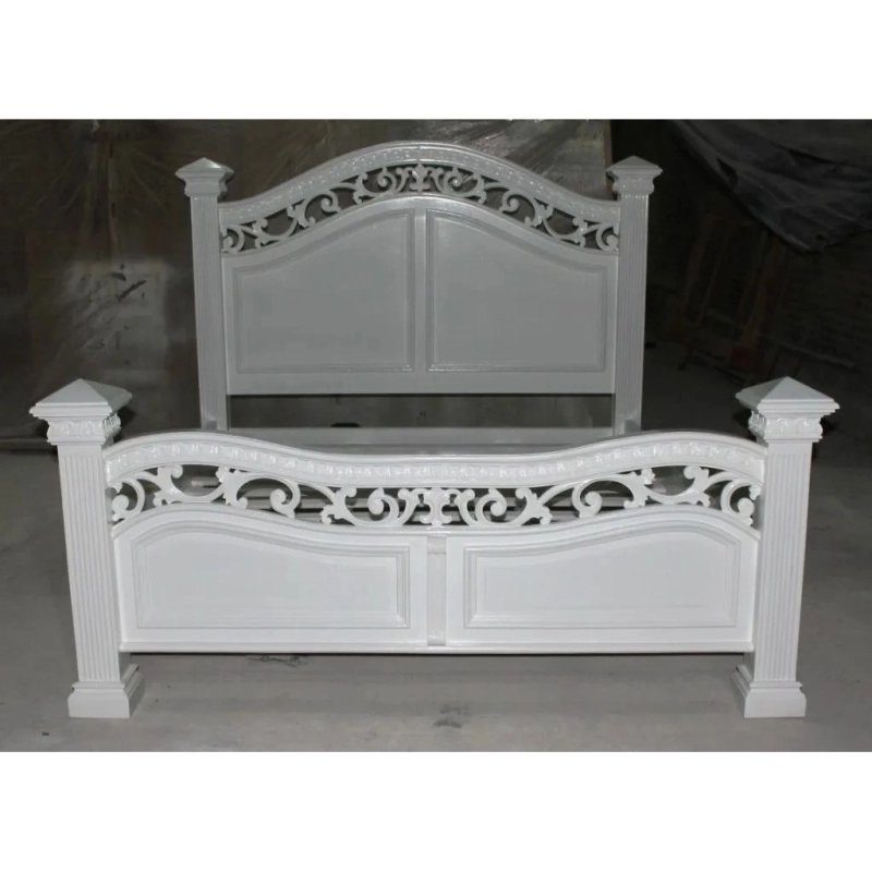 Classic White Carved Wooden Bed Frame