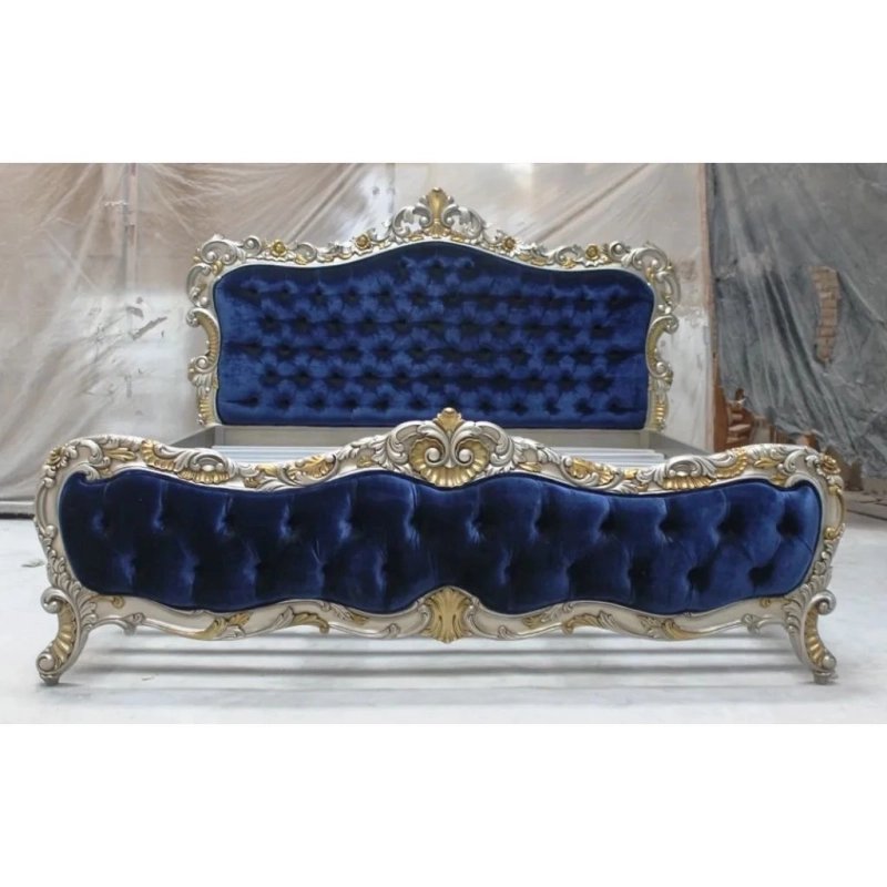 Opulent Royal Blue Velvet Tufted Bed Frame with Silver and Gold Ornate Carving Opulent Royal Blue Velvet Tufted Bed Frame with Silver and Gold Ornate Carving