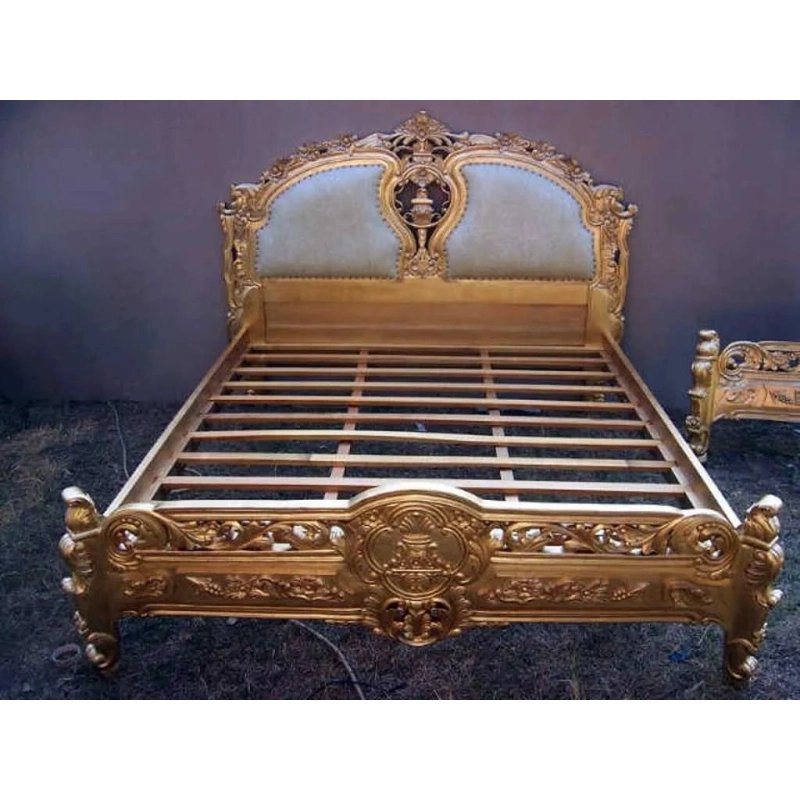 Classic Ornate Golden Wood Bed Frame with Upholstered Headboard Classic Ornate Golden Wood Bed Frame with Upholstered Headboard