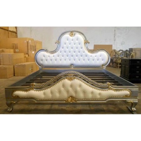 Luxury Classic Upholstered Tufted Bed Frame Queen Size Silver Gold Accents