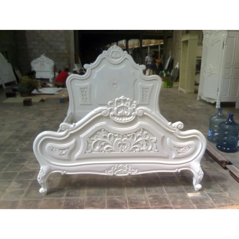 Luxury White Carved Wood Bed Frame Classic Ornate