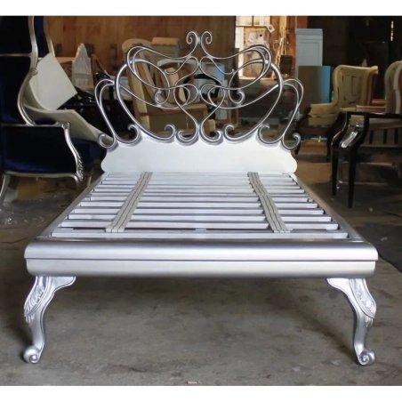 Classic Silver Ornate Metal Bed Frame with Decorative Headboard