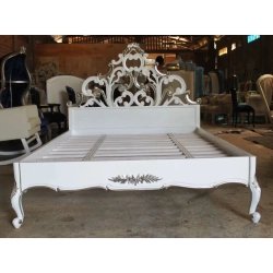 Ornate Classic White Carved Wood Bed Frame with Silver Accents