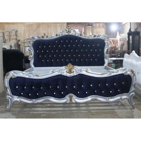 Opulent Classic Baroque Tufted Velvet Bed with Carved Silver and Gold Frame
