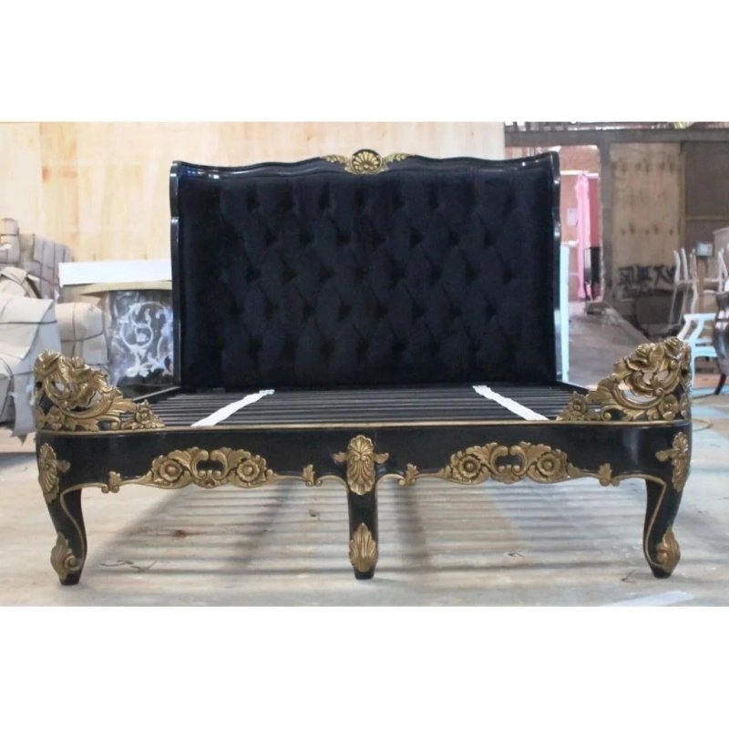 Luxury Black Gold Classic Tufted Bed Frame with Ornate Carvings Luxury Black Gold Classic Tufted Bed Frame with Ornate Carvings