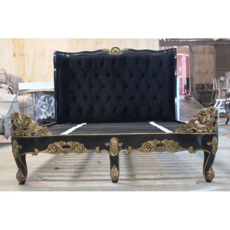 Luxury Black Gold Classic Tufted Bed Frame with Ornate Carvings