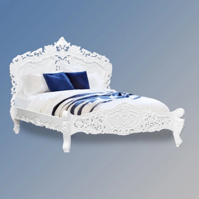 Exquisite Classic White Carved Wood Bed Frame Set