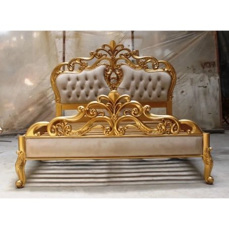 Classic Luxury Gold Carved Wooden Bed Frame with Tufted Upholstery