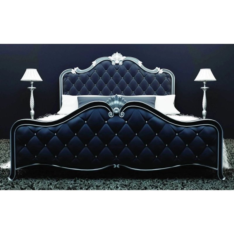 Luxury Tufted Upholstered Bed with Ornate Silver Trim Frame