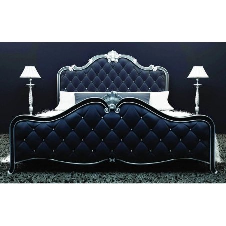 Luxury Tufted Upholstered Bed with Ornate Silver Trim Frame