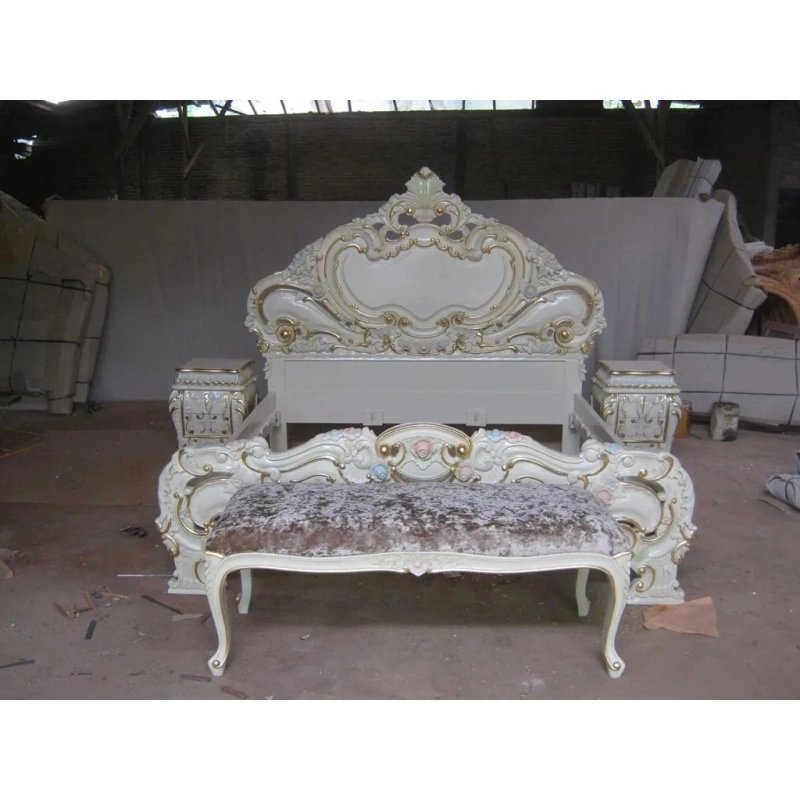 Elegant Classic White Gold Carved Wooden Bed Frame with Nightstands and Bench Elegant Classic White Gold Carved Wooden Bed Frame with Nightstands and Bench