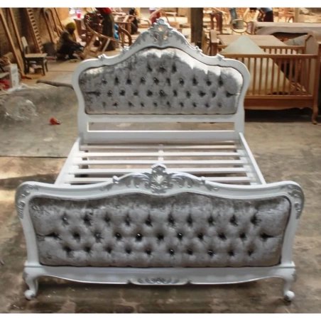 Classic Carved White Wood Bed Frame with Tufted Velvet Upholstery