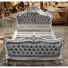 Classic Carved White Wood Bed Frame with Tufted Velvet Upholstery