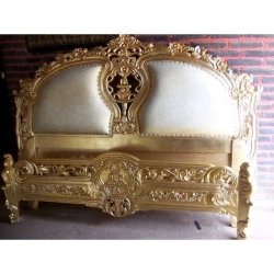 Luxurious Golden Carved Wood Upholstered Bed Frame