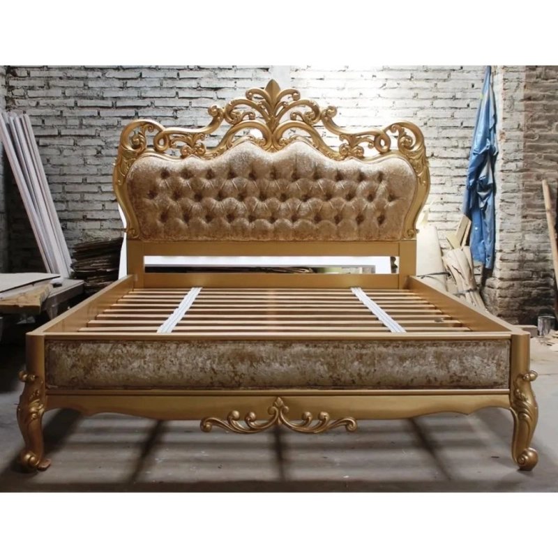 Golden Luxury Carved Upholstered Bed Frame Classic Design