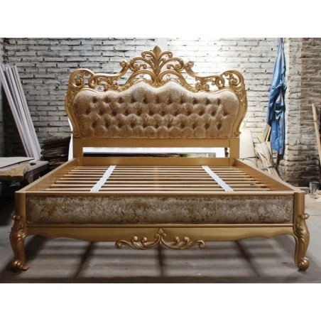 Golden Luxury Carved Upholstered Bed Frame Classic Design