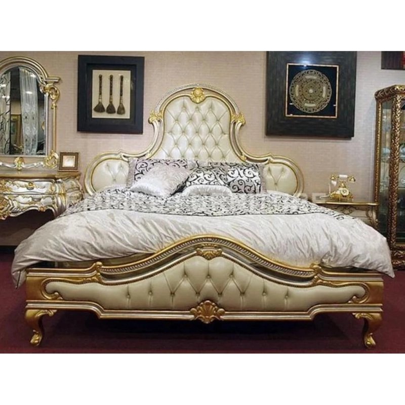 Elegant Classic European Style Tufted Bed with Gold Accents Elegant Classic European Style Tufted Bed with Gold Accents
