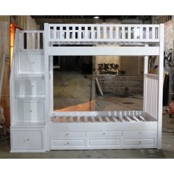 White Wood Bunk Bed with Staircase Storage Drawers and Underbed Drawers