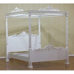 Luxurious White Carved Wood Four-Poster Canopy Bed Frame