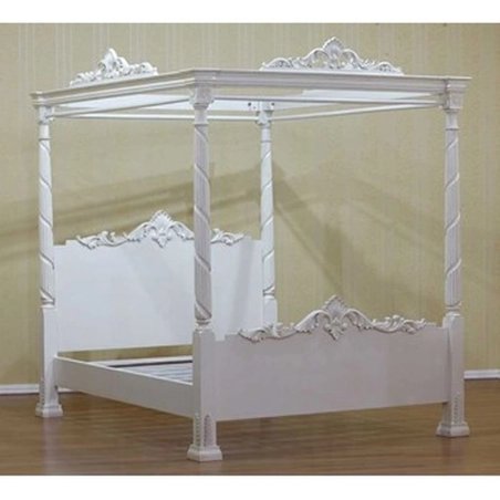 Luxurious White Carved Wood Four-Poster Canopy Bed Frame
