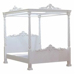 Luxurious White Carved Wood Four-Poster Canopy Bed Frame