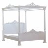Luxurious White Carved Wood Four-Poster Canopy Bed Frame