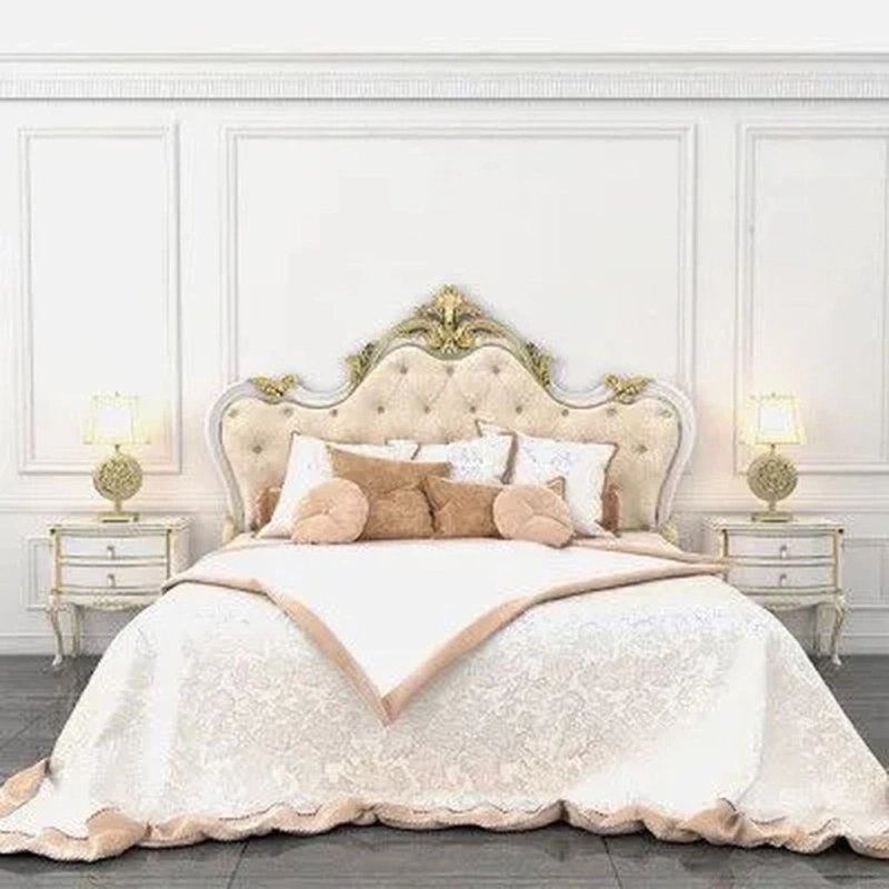 Classic Luxurious Upholstered Bed with Ornate Gold Headboard and Nightstands Classic Luxurious Upholstered Bed with Ornate Gold Headboard and Nightstands