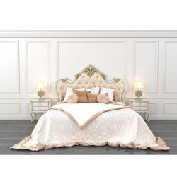 Classic Luxurious Upholstered Bed with Ornate Gold Headboard and Nightstands
