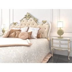 Classic Luxurious Upholstered Bed with Ornate Gold Headboard and Nightstands