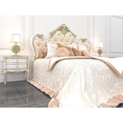 Classic Luxurious Upholstered Bed with Ornate Gold Headboard and Nightstands
