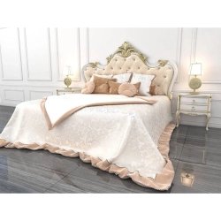 Classic Luxurious Upholstered Bed with Ornate Gold Headboard and Nightstands