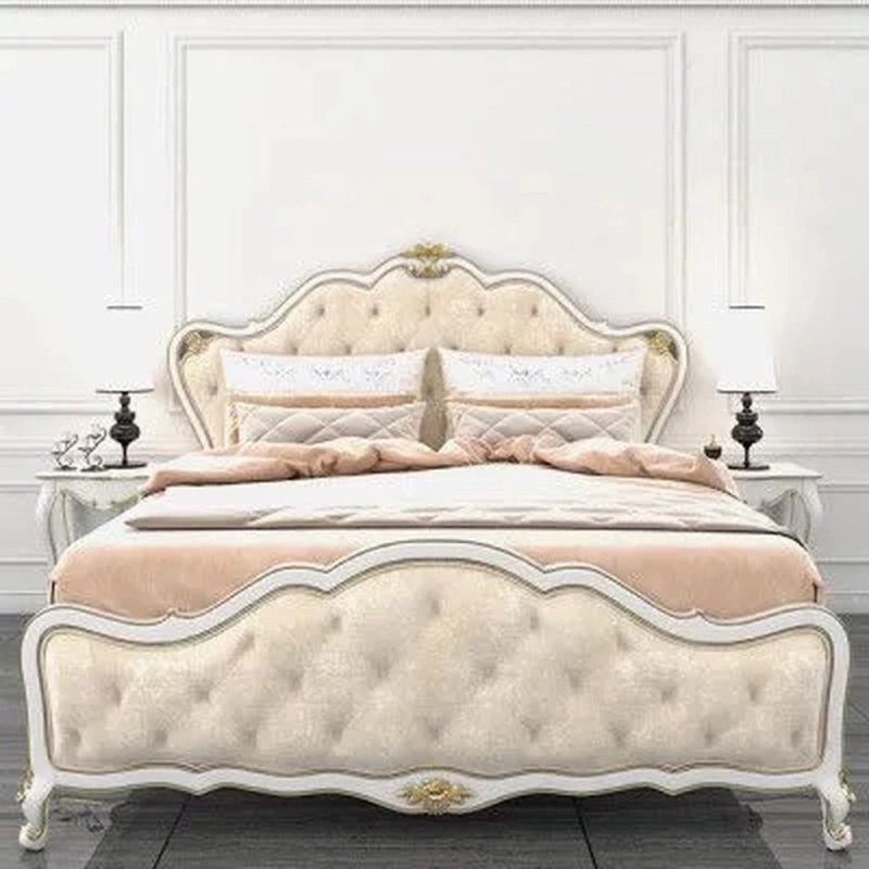 Luxury Classic Cream Tufted King Size Bed with Gold Accents