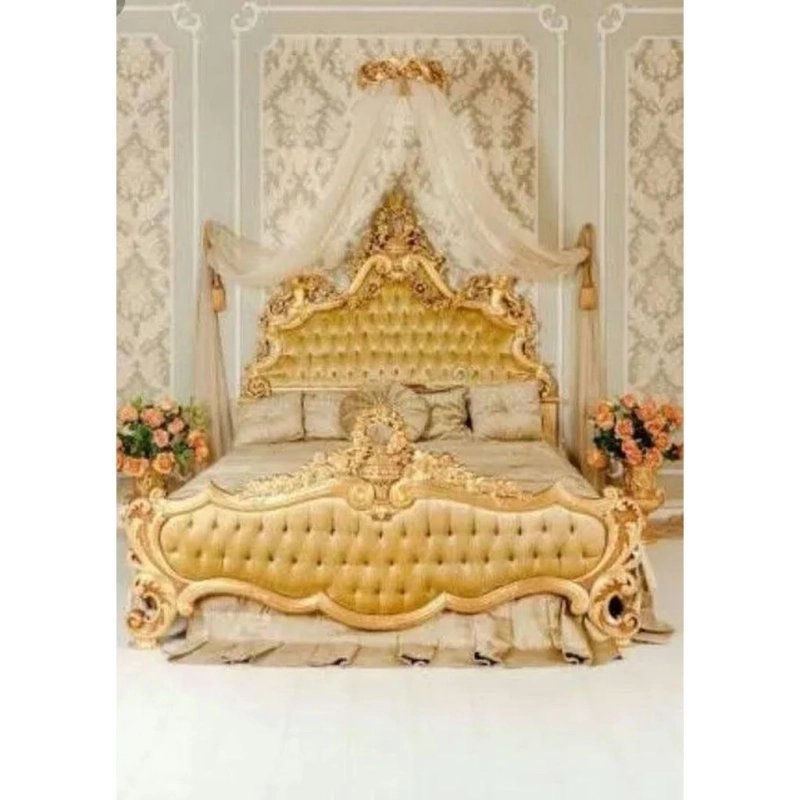 Golden Canopy King Size Bed with Ornate Carvings Golden Canopy King Size Bed with Ornate Carvings