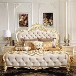 Ornate Cream Tufted Upholstered King Size Bed Frame with Gold Carvings