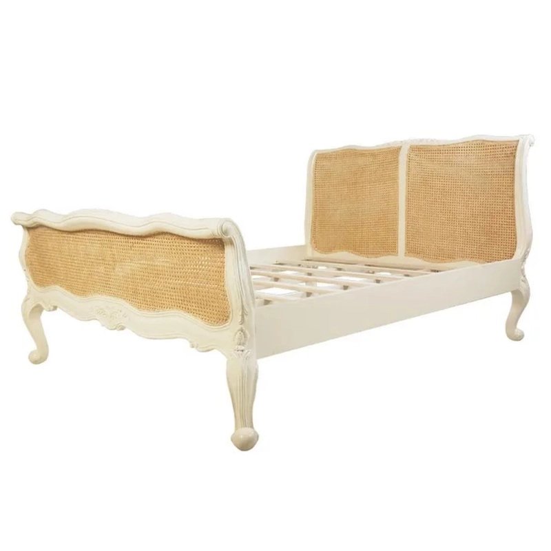 Classic French Style Rattan Cane Wooden Bed Frame White Classic French Style Rattan Cane Wooden Bed Frame White