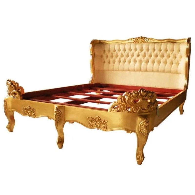 Luxury Gold Leaf Classic Baroque Bed Frame with Tufted Headboard Luxury Gold Leaf Classic Baroque Bed Frame with Tufted Headboard