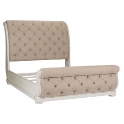 Elegant Classic Empire Style Sleigh Bed with Gold Wood Frame and Tufted Cream Upholstery