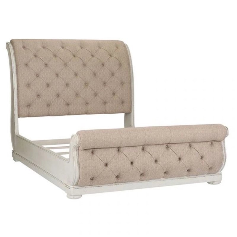 Elegant Classic Empire Style Sleigh Bed with Gold Wood Frame and Tufted Cream Upholstery Elegant Classic Empire Style Sleigh Bed with Gold Wood Frame and Tufted Cream Upholstery