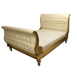 Elegant Classic Empire Style Sleigh Bed with Gold Wood Frame and Tufted Cream Upholstery